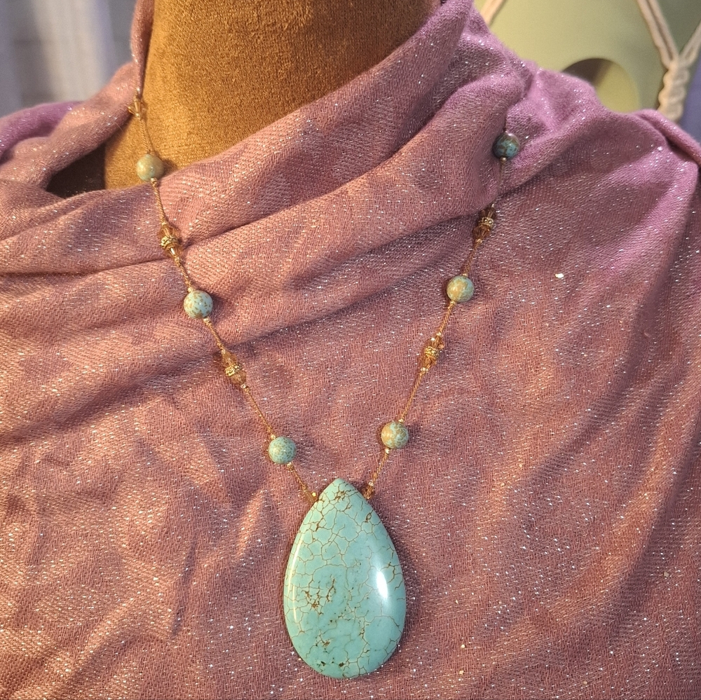 🪬Vintage Turquoise Howlite Teardrop Stone Pendant Crystal Bead String Necklace